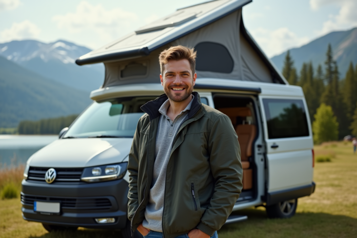 homme-sourire-camper-van-lake Homme souriant près d'un van aménagé au bord du lac