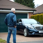 Homme frustré devant sa voiture bloquant le garage