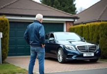 Stationnement devant garage : pourquoi n’est-ce pas autorisé ? Homme frustré devant sa voiture bloquant le garage