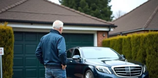 Homme frustré devant sa voiture bloquant le garage