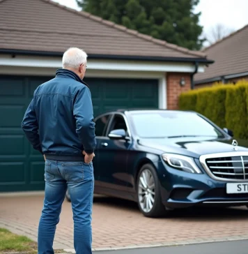 Homme frustré devant sa voiture bloquant le garage