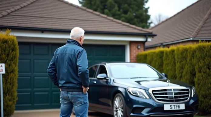 Homme frustré devant sa voiture bloquant le garage