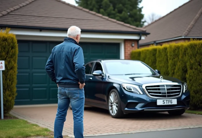 homme-stationne-garage-suburbain Homme frustré devant sa voiture bloquant le garage