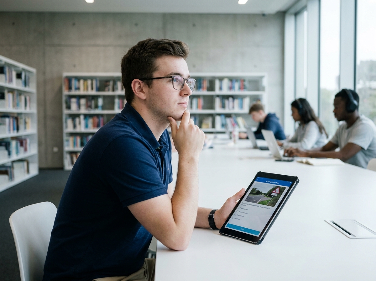 Jeune homme utilisant une tablette pour s'entraîner aux questions du code de la route dans une bibliothèque