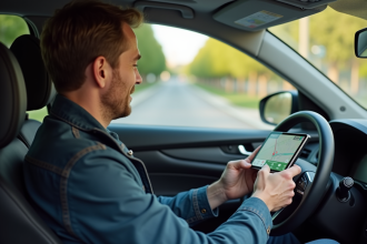 Homme d'âge moyen utilisant un GPS dans sa voiture