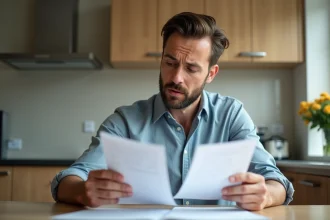 Homme vérifiant ses documents de voiture dans la cuisine