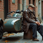 Side-cars : pourquoi ne sont-ils plus utilisés ? Raisons et évolution du transport Homme âgé à côté d'une moto vintage avec sidecar en ville