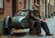 Side-cars : pourquoi ne sont-ils plus utilisés ? Raisons et évolution du transport Homme âgé à côté d'une moto vintage avec sidecar en ville