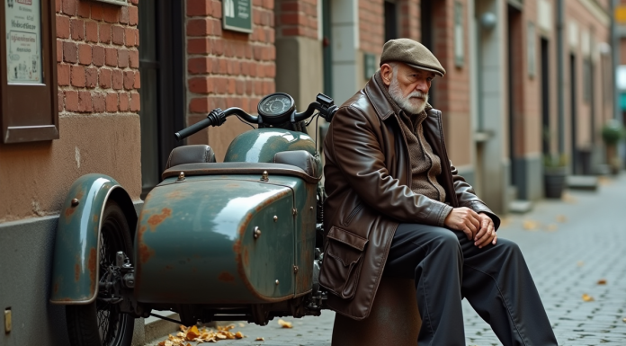Homme âgé à côté d'une moto vintage avec sidecar en ville
