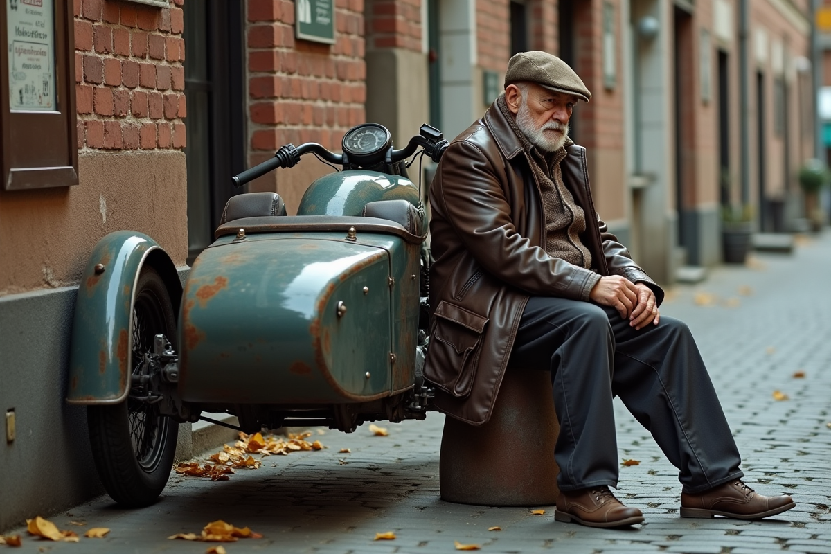 Homme âgé à côté d'une moto vintage avec sidecar en ville