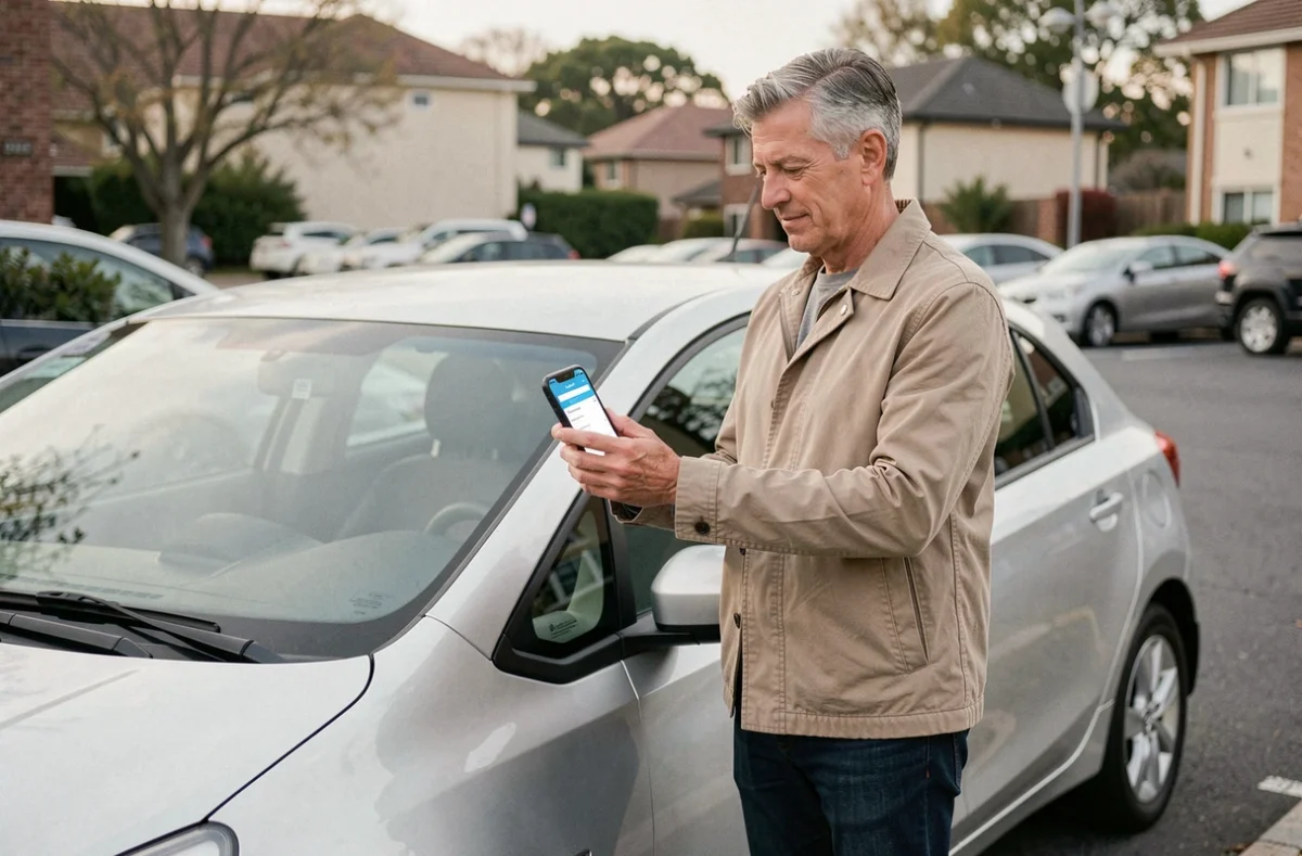 Homme debout à côté de sa voiture consultant une application de comparaison d'assurance auto sur son smartphone