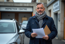 Carte grise : faire avec un contrôle technique + de 6 mois ? Ce qu’il faut savoir Homme d'âge moyen avec dossier devant sa voiture en ville