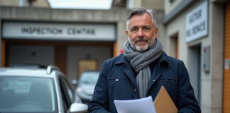 Carte grise : faire avec un contrôle technique + de 6 mois ? Ce qu’il faut savoir Homme d'âge moyen avec dossier devant sa voiture en ville