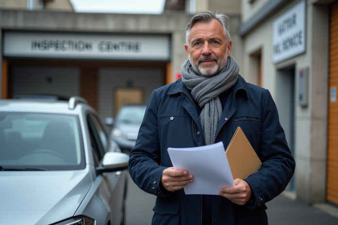 homme-voiture-controle-technique Homme d'âge moyen avec dossier devant sa voiture en ville