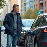 Homme d'âge moyen près d'une voiture électrique en ville