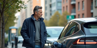 Homme d'âge moyen près d'une voiture électrique en ville