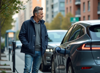 Homme d'âge moyen près d'une voiture électrique en ville