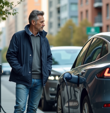 Homme d'âge moyen près d'une voiture électrique en ville