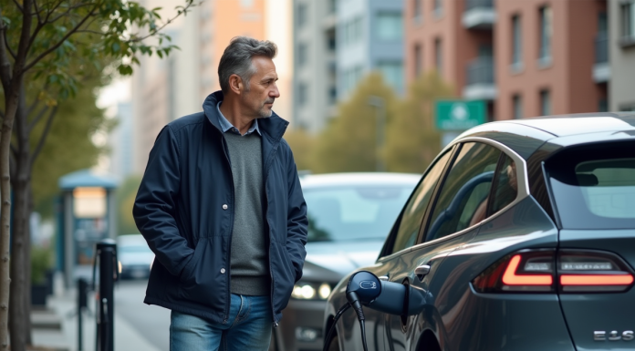 Homme d'âge moyen près d'une voiture électrique en ville