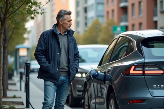 Homme d'âge moyen près d'une voiture électrique en ville