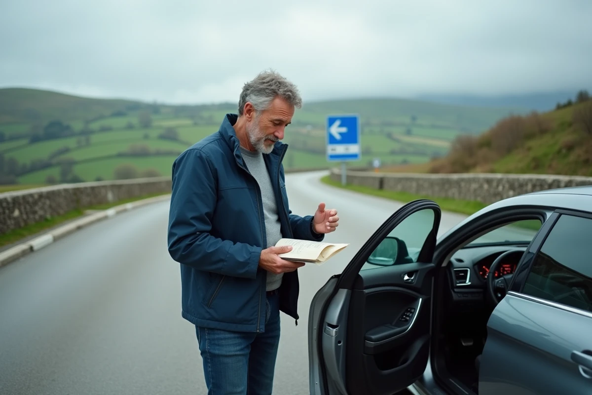Homme devant une voiture de location consultant l'affichage des miles sur le tableau de bord en bord de route européenne