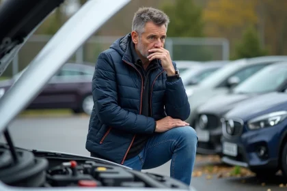 Homme inspectant le moteur d'un SUV d'occasion en extérieur