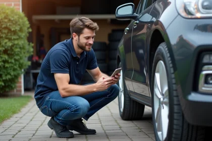 Homme regardant le pneu de sa voiture avec son smartphone