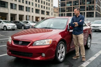 Homme debout près d'une voiture rouge brillante dans un parking urbain, illustrant le mythe de l'assurance auto plus chère pour les voitures rouges