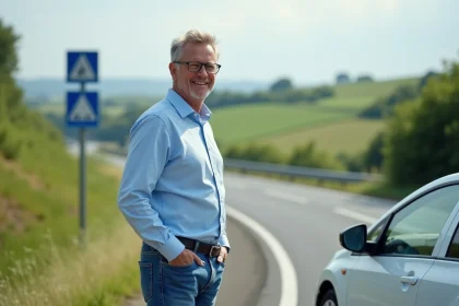 Homme d'âge moyen avec voiture dans un paysage rural français