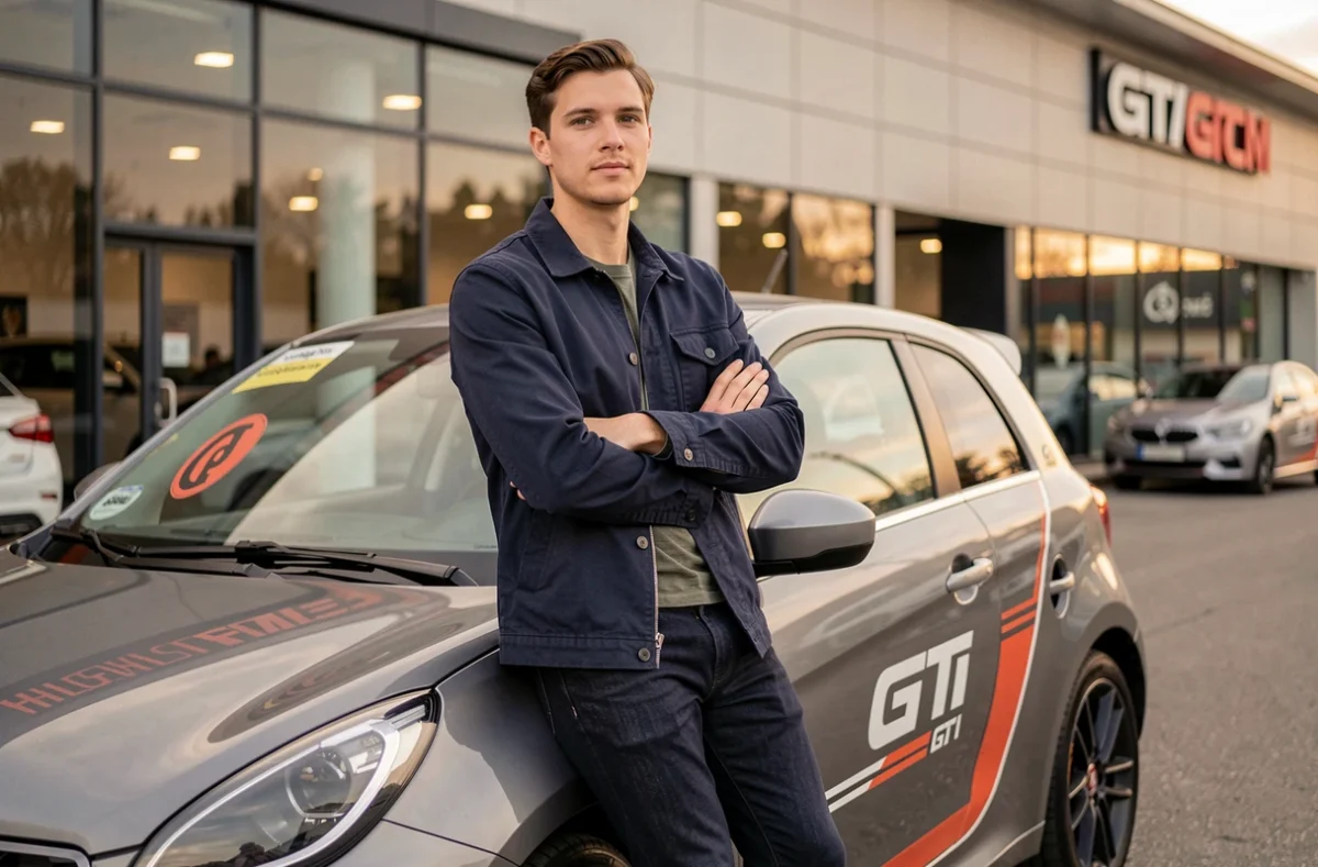 Homme adossé à une voiture sans permis GTI devant un concessionnaire automobile
