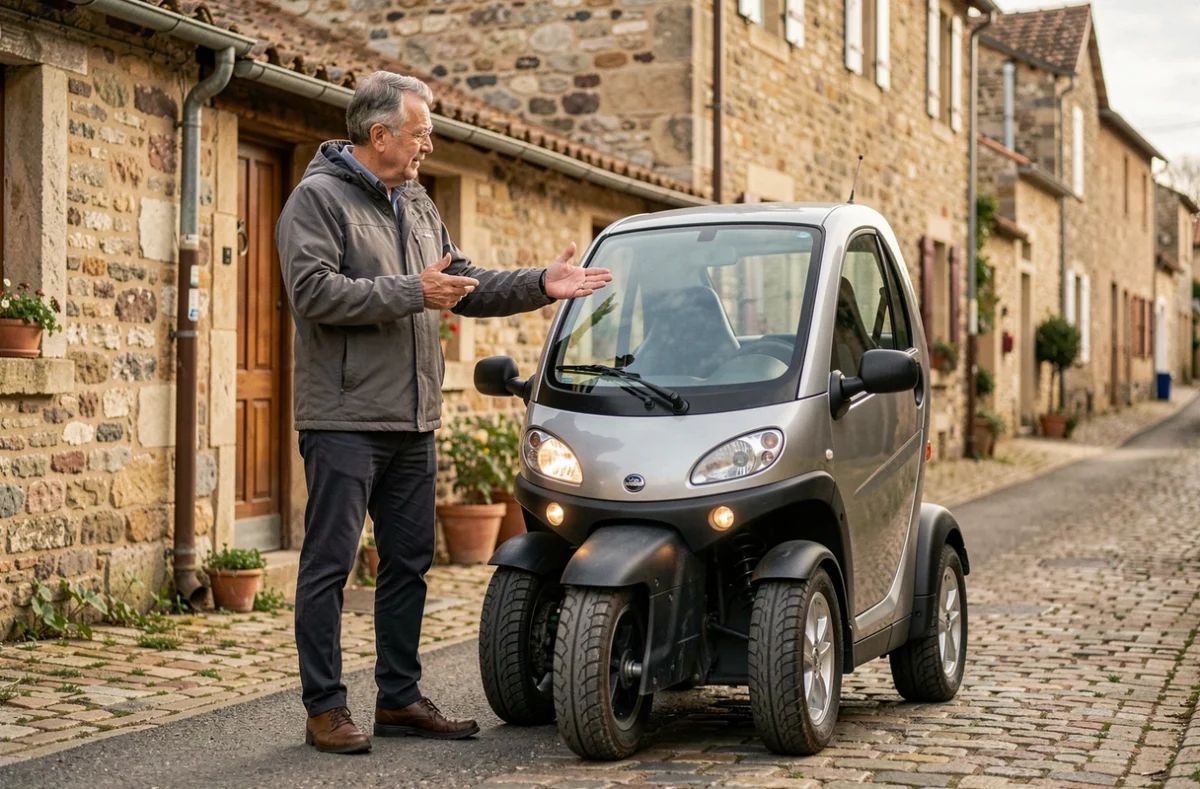 Homme expliquant les caractéristiques d'une voiture sans permis dans un village français