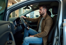 Meilleure voiture 2025 à 40000 euros : quel choix faire ? Homme contemplant l’intérieur d’une voiture moderne en showroom