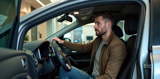 Homme contemplant l’intérieur d’une voiture moderne en showroom