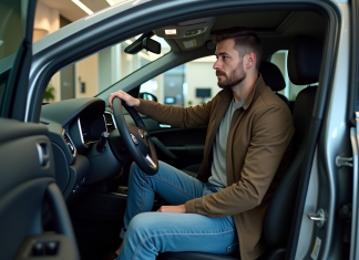 Meilleure voiture 2025 à 40000 euros : quel choix faire ? Homme contemplant l’intérieur d’une voiture moderne en showroom