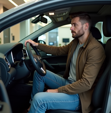 Homme contemplant l’intérieur d’une voiture moderne en showroom