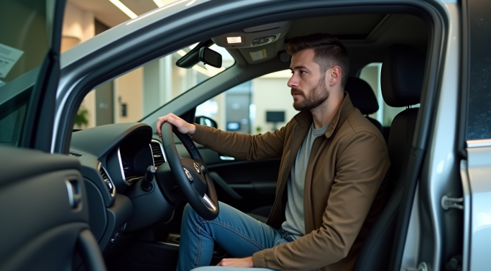 Meilleure voiture 2025 à 40000 euros : quel choix faire ? Homme contemplant l’intérieur d’une voiture moderne en showroom