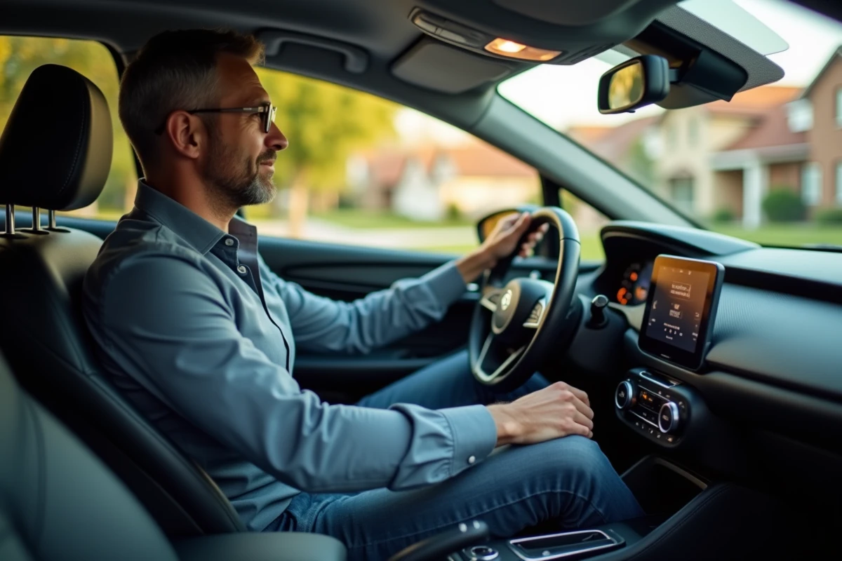 Homme au volant d'une voiture en leasing sans apport à 59 euros par mois, intérieur moderne d'une citadine compacte en banlieue