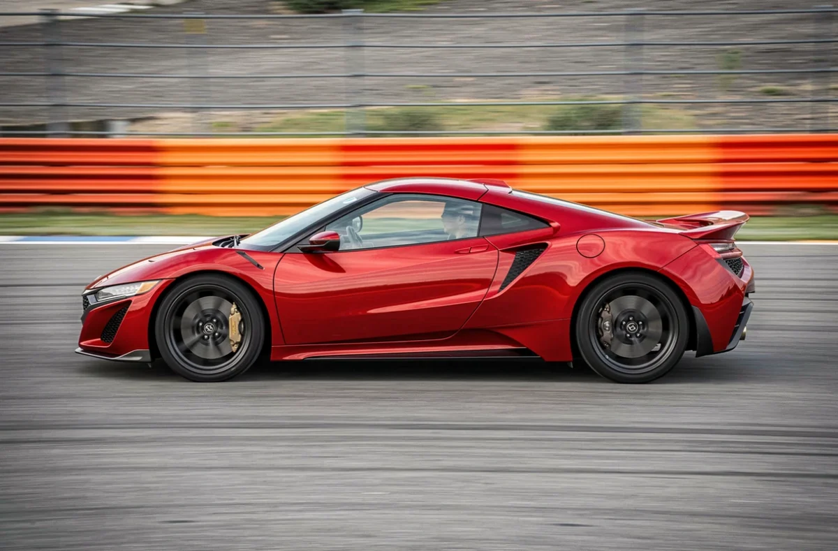 Honda NSX hybride en action sur circuit de course avec effet de filé panoramique