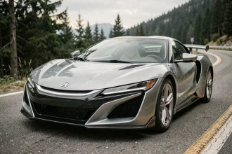 Honda NSX hybride deuxième génération garée sur une route de montagne, vue trois quarts avant