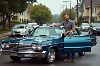 Chevrolet Impala 1964 garée dans une rue résidentielle ordinaire avec un homme à côté, illustrant l'usage quotidien d'une voiture américaine classique