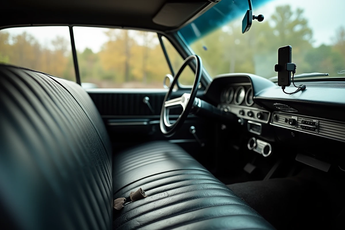Intérieur authentique d'une Chevrolet Impala vintage avec banquette vinyle usée et smartphone monté sur le pare-brise, tension entre ancien et moderne