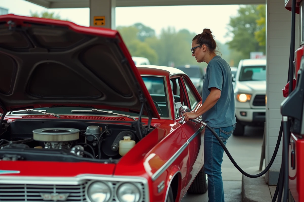 Femme inspectant le moteur d'une Chevrolet Impala rouge à une station-service urbaine, illustrant les défis pratiques d'une voiture classique américaine au quotidien