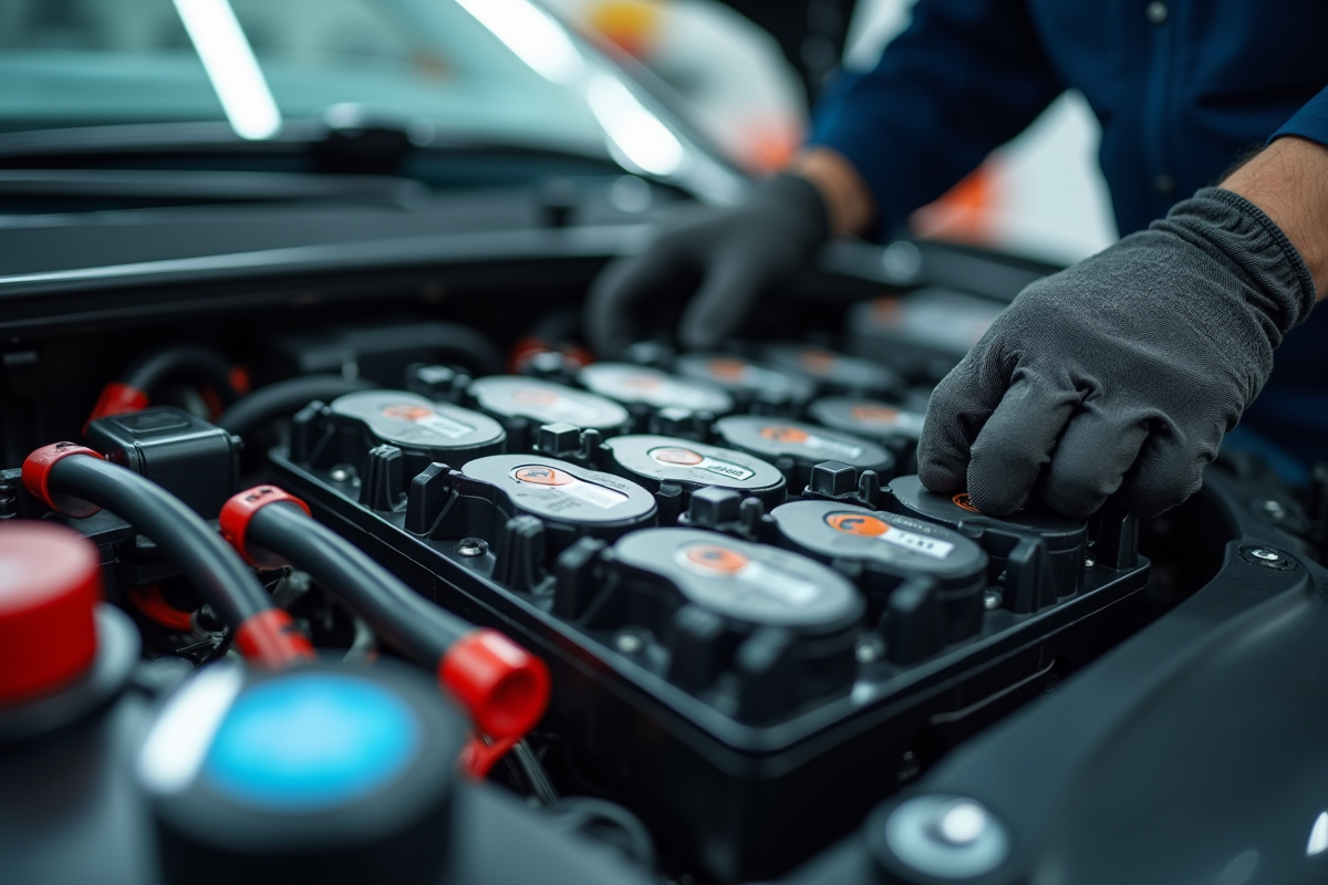 Technicien inspectant une batterie électrique dans un atelier lumineux
