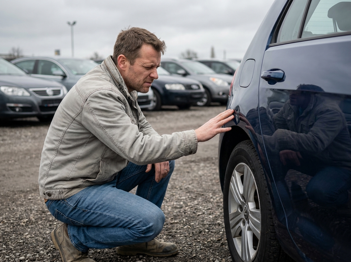 Un homme inspecte la carrosserie d'une Golf 7 bleue dans un parking de revente de véhicules d'occasion
