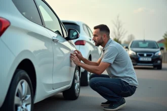 Homme inspectant la carrosserie d'une Peugeot 208 d'occasion dans un parking de concessionnaire