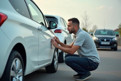Homme inspectant la carrosserie d'une Peugeot 208 d'occasion dans un parking de concessionnaire