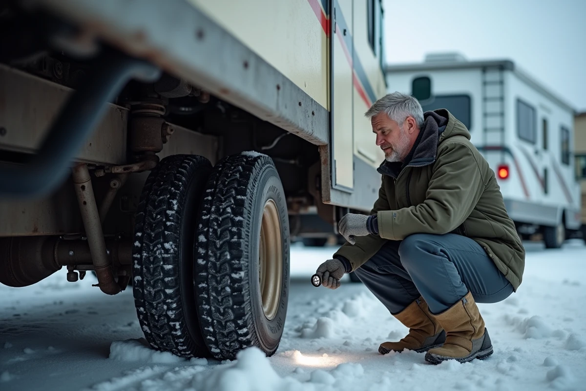 Homme inspectant le châssis d'un camping-car poids lourd d'occasion sous la neige