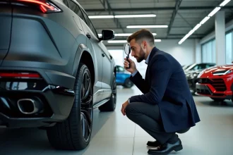 Inspecteur automobile examinant la carrosserie d'une Lamborghini Urus noire d'occasion dans un showroom moderne