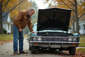 Homme moyenâgeux inspectant le moteur d'une Impala 1967