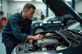 Technicien automobile inspectant le compartiment moteur d'une Nissan dans un garage professionnel